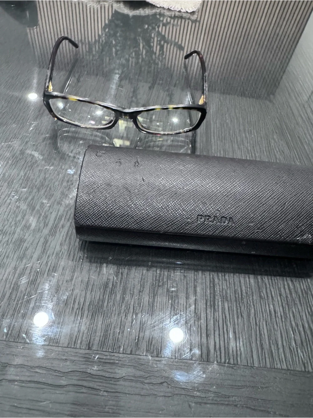 Prada Brown Tortoiseshell Rectangular Women's Glasses with Gold Accents